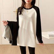 黑白撞色中长款宽松长袖t恤女春秋冬设计小众叠穿内搭打底衫