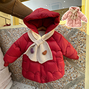 超有型女宝宝新年羽绒棉服女婴儿冬装女童加厚加绒棉衣外套送围巾