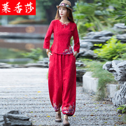 民族风大码女装棉麻刺绣唐装上衣，两件套中国风复古亚麻长袖t恤女