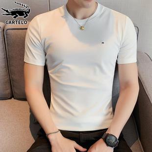 鳄鱼圆领短袖t恤男士夏季冰丝，韩版修身潮牌休闲白色体恤男装衣服