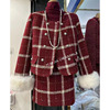 红色格子狐狸毛小香风羽绒服套装，女olx2023冬季短外套短裙两件套