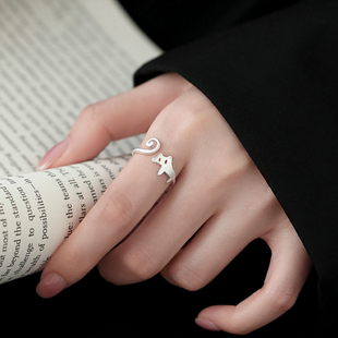 925纯银猫咪戒指女小众，设计轻奢指环，春食指戒自律开口戒