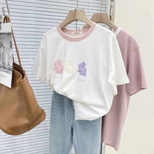 短袖t恤女韩国小众设计兔子贴布刺绣宽松显瘦拼色圆领半袖体恤衫