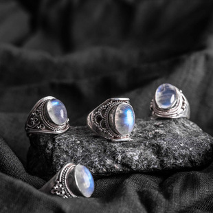 尼泊尔手工饰品925银镶嵌月光石戒指女 开口指环创意复古民族风