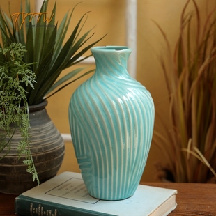 欧式地中海田园复古雕花奶壶花瓶，碎纹风格陶制蓝绿色花鸟花盆