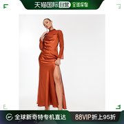 香港直邮潮奢 ASOS 女士设计缎面斗篷式雪纺层铁锈色长款连衣裙