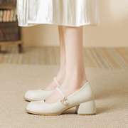 法式玛丽珍女鞋2024秋冬鞋子女白色，粗跟高跟鞋小香风中跟单鞋