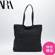 ZA家2023女包黑色大容量单肩手提购物包涤纶刺绣纯布托特包袋
