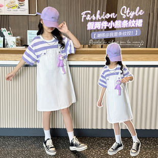 童装女童夏季潮流紫色，条纹裙子夏天女孩，假两件小熊条纹连衣裙