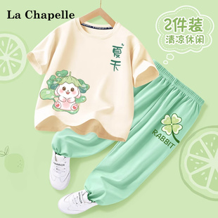 拉夏贝尔女童短袖t恤夏季2024夏装套装纯棉儿童防蚊裤两件套