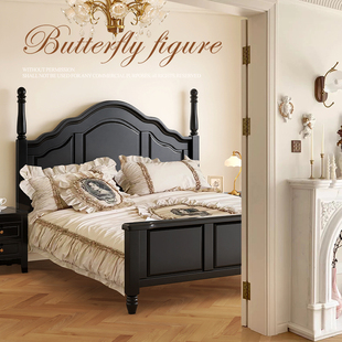 美式实木床黑色，复古双人床现代简约1.5米1.8轻奢法式婚床卧室家具