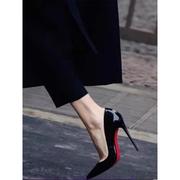 红色底高跟鞋女浅口黑色性感细跟2024尖头高级感裸色漆皮单鞋