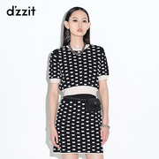 dzzit地素 奥莱夏款黑色短款拼接针织短袖女3D2E3196A