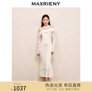maxrieny精致优雅磨毛，蕾丝连衣裙气质约会小白裙秋装鱼尾裙