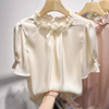 2023韩国气质显瘦纯色立领，花朵钉珠套头，短袖雪纺衫女春季衬衫
