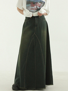 韩国 greenish dyed denim maxi skirt 深绿复古做旧牛仔裙女