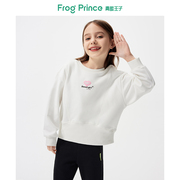 青蛙王子童装女童拼接卫衣春秋，中大儿童浅色印花宽松圆领长袖上衣