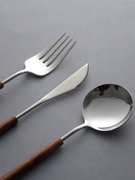 秋和岚匠日式花梨木柄西餐具，叉勺三件套304不锈钢家用汤勺叉子