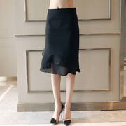 黑色雪纺短裙半身裙女夏季2024裙子高腰显瘦a字，鱼尾裙包臀裙