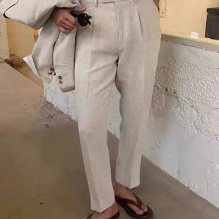 亚麻西裤男英伦棉麻料九分裤男士休闲裤透气西装裤子直筒大码夏季
