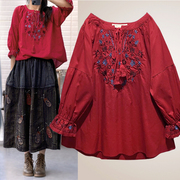 高级感中国红色复古民族风刺绣上衣女装夏季棉衬衫宽松大码娃娃衫