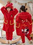 红色本命年女童法兰绒睡袍冬季加绒加厚初中学生女孩珊瑚绒家居服