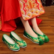 中式婚鞋子新娘结婚布鞋旗袍秀禾鞋平底龙凤，鞋绿色上轿鞋红色