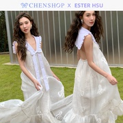 ESTER HSU时尚蝴蝶结提花海军领露背连衣裙女CHENSHOP设计师品牌