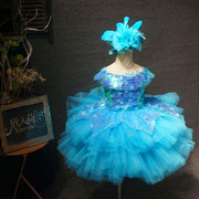 儿童演出服女童短款亮片蓝色蓬蓬裙主持钢琴独唱表演演出礼服