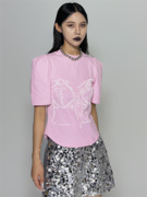 BW 设计感印花图案女夏季泡泡肩上衣粉色圆领T恤女