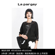 lapargay纳帕佳2023女装黑色上衣，百搭休闲七分袖，拼接套头小衫