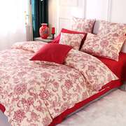 红蔓藤贡缎全棉四件套红，瓷婚庆酒红美式印花床单被套喜被床笠