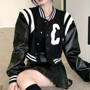 SylCue朋克拽酷风黑色短款外套女拼接宽松百搭PU皮拉链棒球服上衣