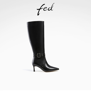 fed黑色长筒靴冬季靴子尖头时装靴真皮瘦瘦靴女款R1102-ZF319