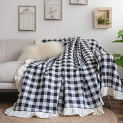 日式黑白格子棉麻风夏季轻薄透气全包沙发罩巾防尘荷叶边盖布桌布