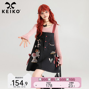 keiko马戏团系列印花牛仔背带，裙2024春夏，甜酷鬼马少女穿搭连衣裙