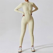 欧美拉链裸感长袖长裤瑜伽连体服女弹力速干舞蹈健身W运动连体紧