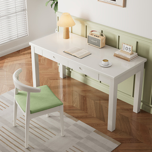 实木书桌白色北欧卧室家用台式电脑桌田园现代书房写字办公长条桌
