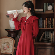 法式高级感翻领礼服红色连衣裙女秋长袖平时可穿大气雪纺裙子