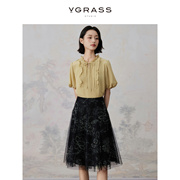 VGRASS黑色a型纱裙24年夏篙级感超好看复古艺术植物花卉纱裙