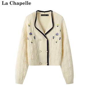 拉夏贝尔/La Chapelle米白色绣花毛衣外套女秋冬设计感翻领针织衫