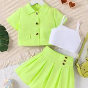外贸婴幼儿童夏季衣服女童荧光绿色，吊带背心+翻领上衣短裙3件套装