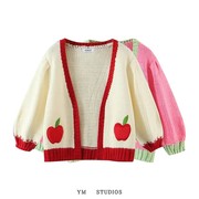 欧美女装 法式小香风撞色苹果开衫毛衣七分袖短款少女心针织外套