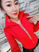 衬衫女翻领套头红色长袖修身气质上衣拼接小流苏时尚打底