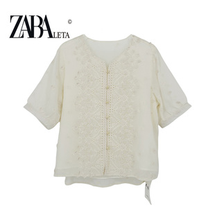 ZA家2972蕾丝刺绣钩花短袖衬衫女夏季雪纺上衣减龄漂亮洋气小衫