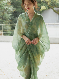 新中式立体裁剪苎麻夏季裙 扎染效果绿色印花裙子 内搭吊带