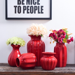 中国红台面陶瓷装饰 红色喜庆结婚花瓶 家居摆件干花花器插花