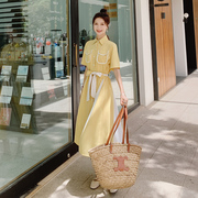 黄色连衣裙女雪纺拼接短袖甜美学院，风气质长裙，名媛茶歇法式衬衫裙