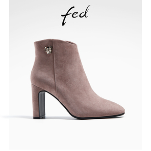 fed气质时装靴冬季靴子绒面瘦瘦靴高跟短靴女款R1117-ZFA032