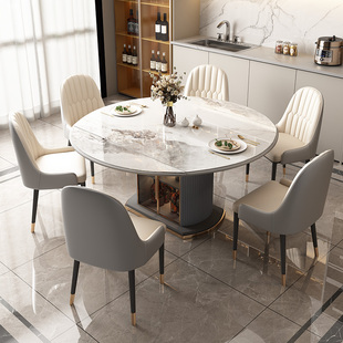 岩板餐桌家用现代简约折叠圆形多功能储物可伸缩小户型饭桌椅组合